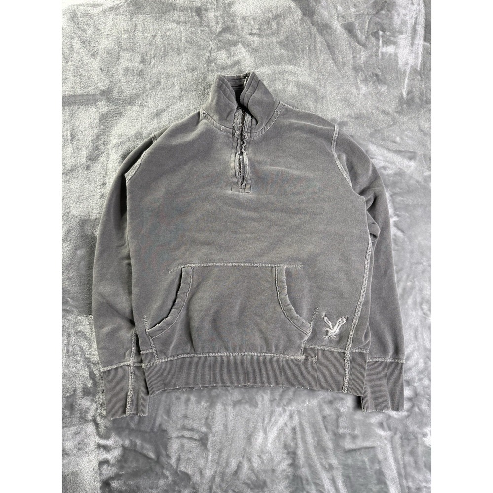 American Eagle Sweater Mens Cotton Heavy 1/4 Zip Y2K Distressed Quarter Zip Sz M
